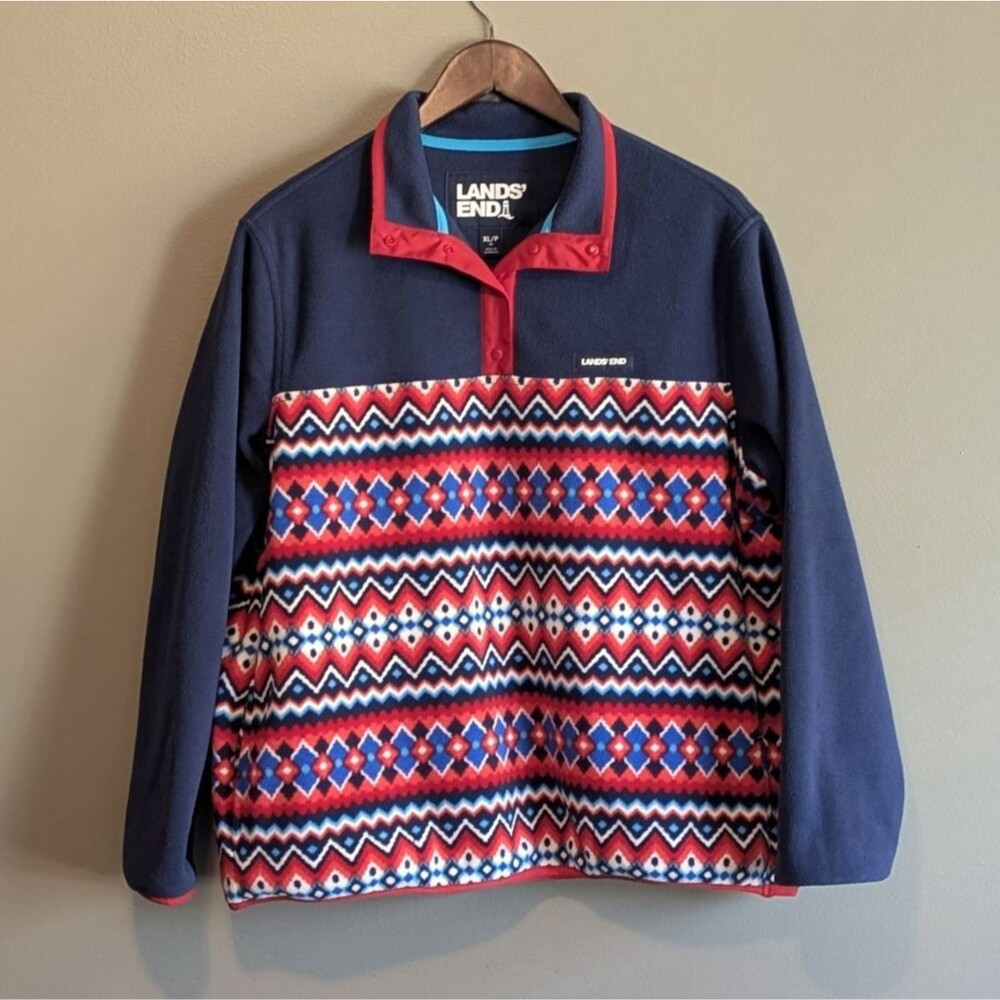 Lands' End Womens Petite XL Fleece Pullover Snap T-Neck Jacket Blue Heritage